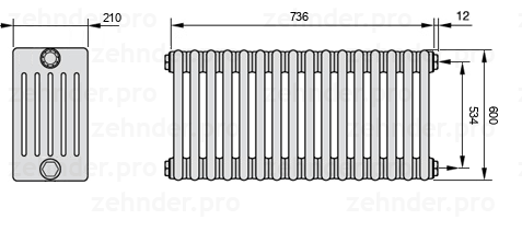 Схема (чертеж) Радиатор Zehnder Charleston 6060/16 №7610 Белый глянцевый RAL 9016